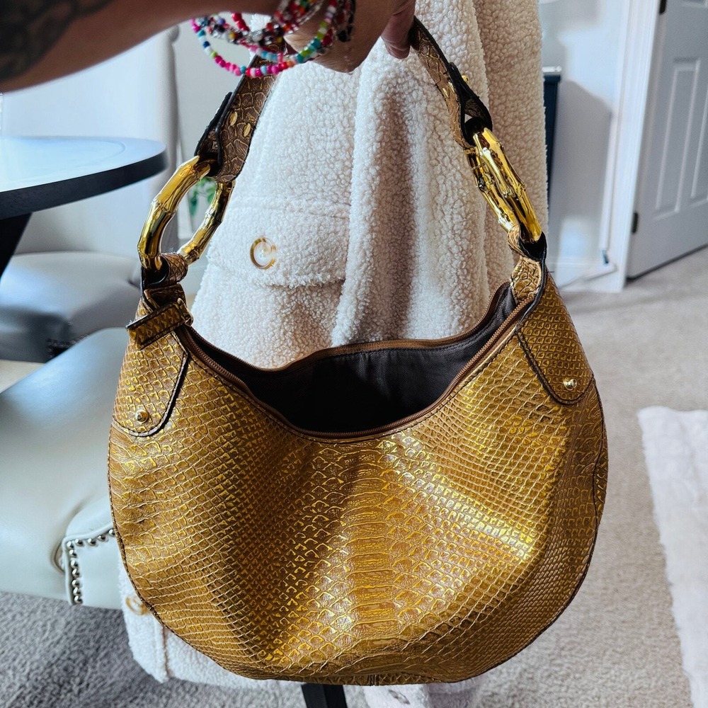 Gold Bamboo Ring Python Print Simulated Leather S… - image 5